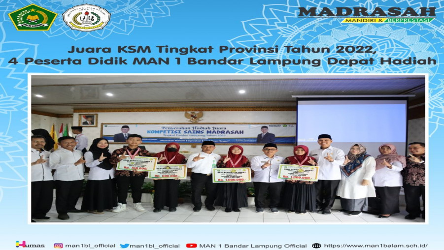 Juara KSM Tingkat Provinsi, 4 Peserta Didik MAN 1 Bandar Lampung Dapat Hadiah