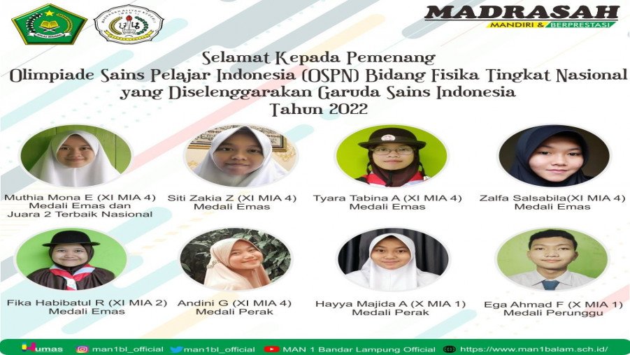 MAN 1 Bandar Lampung Rebut 5 Medali Emas Dalam Olimpiade Sains Pelajar Indonesia (OSPN) Fisika Tingkat Nasional 2022