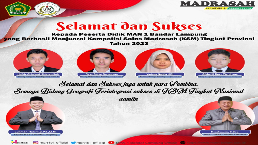 Empat Peserta Didik MAN 1 Bandarlampung Raih Juara KSM Tingkat Provinsi