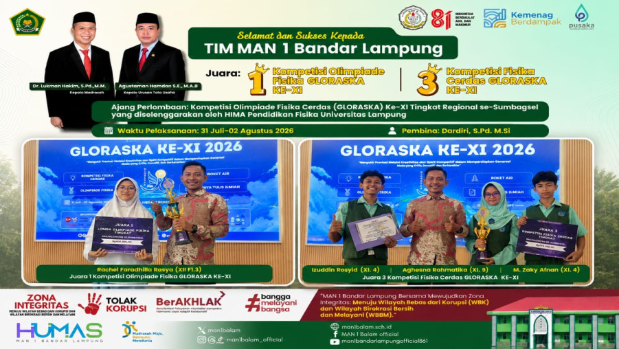 MAN 1 Bandar Lampung Raih Juara 1 Olimpiade Fisika dan Juara 3 Fisika Cerdas pada GLORASKA XI 2026