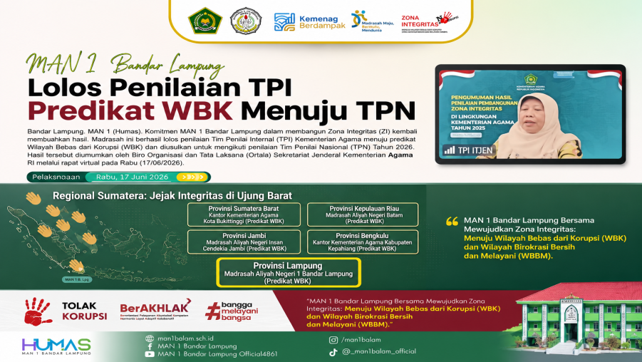 MAN 1 Bandar Lampung Lolos Penilaian TPI Predikat WBK Menuju TPN
